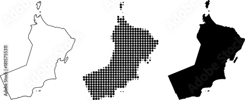 Oman Map Collection: Outline, Halftone Dots, and Solid Silhouette