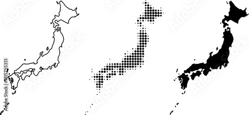 Japan Map Outline Silhouette Dotted Halftone Vector Set