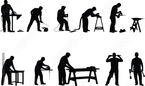 Woodworking carpenter silhouettes, worker using power tools, cutting wood, drilling, sanding, workshop labor, industrial handyman process, black vector illustration set