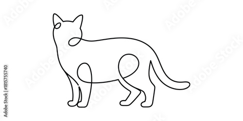 Continuous line art drawing of a standing cat, minimalist pet