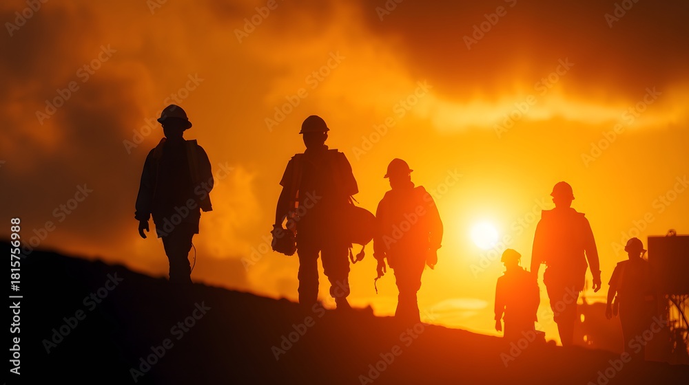 Fototapeta premium Group of construction workers in safety helmets walk across a slight incline against a brilliant orange sunset