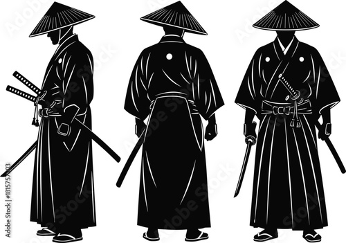 PrintSet of Samurai or Ronin Warrior Silhouettes in Traditional Kimono and Straw Hat Vector Illustration - Japanese Martial Arts Graphic