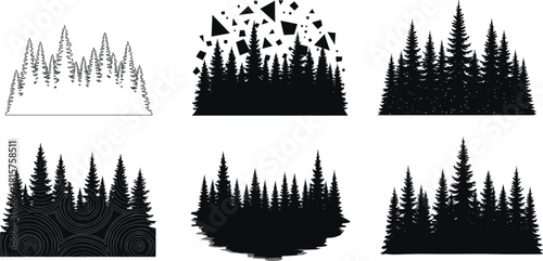 Abstract Pine Forest Silhouette Set with Geometric Shapes and Wood Rings Vector for Nature Design.
