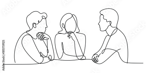 Continuous line art of three people in a meeting discussion