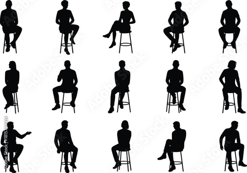 Seated man silhouette poses, people sitting on stool collection, male body positions, interview and waiting concepts, black vector illustration set