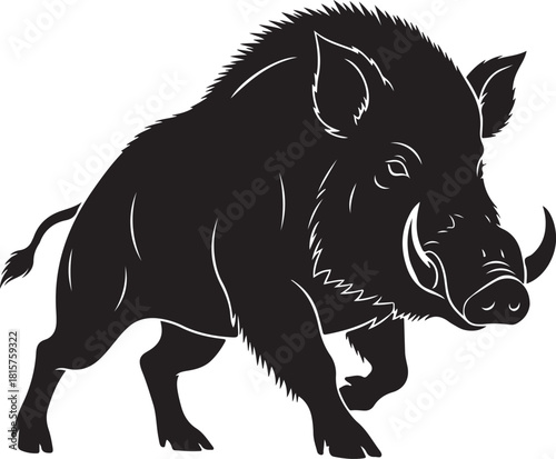 Detailed black silhouette illustration of large wild boar charging forward with large tusks and bristly coat on transparent background