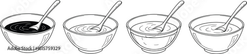 Hand Drawn Bowl of Soup with Spoon Outline Icon Set Isolated on White Background for Food Design.