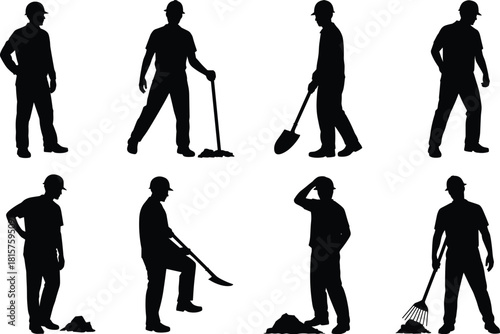 Silhouettes of construction workers with tools, digging, shoveling, raking, standing, working outdoors, laborers in action, industrial workforce illustration for projects