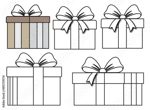 A collection of simple gift boxes with bows illustrated in black and white