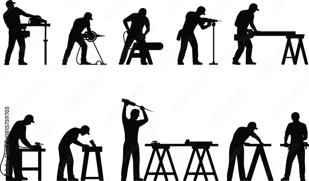 Obraz premium Silhouettes of construction workers using tools, carpenters cutting wood, builders drilling and sawing, professional craftsmanship, industrial labor vector illustration set