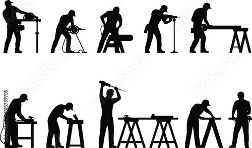 Silhouettes of construction workers using tools, carpenters cutting wood, builders drilling and sawing, professional craftsmanship, industrial labor vector illustration set