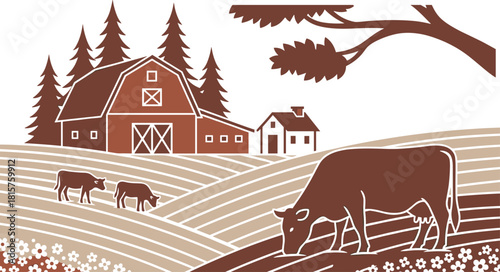 Rustic Farm Scene Vector Illustration with Dairy Cows Grazing on Terraced Farmland Hills in Foreground, Featuring a Classic Red Barn and Pines