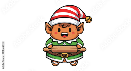 Delightful Christmas elf cheerfully bakes holiday treats with a rolling pin, spreading joy and festive cheer this season for heartwarming projects