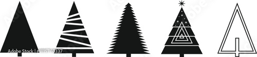 Set of five stylized Christmas tree icons showing simple, decorated, and abstract conifer shapes in black silhouette and outline vector graphics. (20 words)