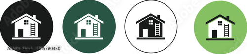 Set of four house icons showing a residential building with a ladder, provided in black, green, and outline circular vector buttons. (20 words)