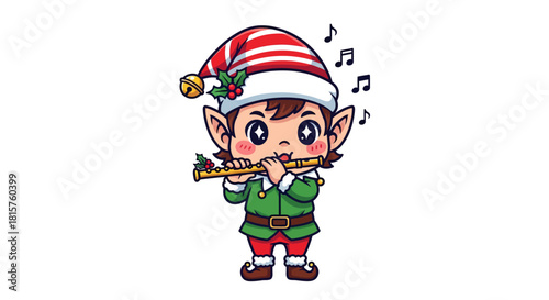 Adorable Christmas elf playing the flute and spreading holiday cheer with musical notes, perfect for festive greetings and seasonal promotions