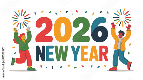 New Year's Celebration: Joyful figures celebrate the arrival of the New Year, surrounded by festive fireworks and colorful confetti. Symbolizing the excitement and optimism of a fresh start.