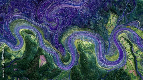 Abstract Colorful Swirling Landscape with Green and Purple Tones for Creative and Artistic Use