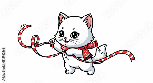 Adorable cartoon kitten playing with festive ribbon, perfect for holiday greetings and children's content creating instant smiles and festive cheer