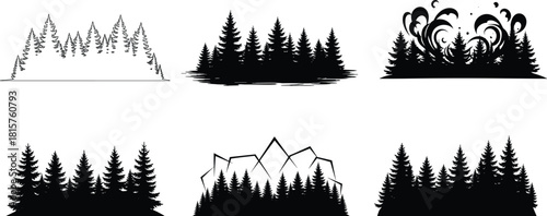 Set of six stylized forest silhouettes featuring pine trees, spruce, and abstract wilderness landscapes with mountains and grunge effects vector. (20 words)
