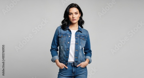 Stylish young woman in casual denim outfit standing confidently