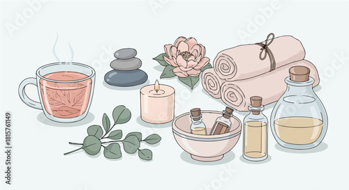 Relaxing spa items including a cup of tea, stacked stones, candle, aromatic oils, and rolled towels arranged on a light background