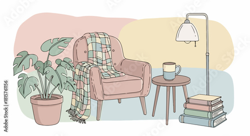 Inviting Cozy Reading Nook Illustration with Armchair, Plant, and Books for a Tranquil Home Retreat, Promoting Relaxation and Comfort