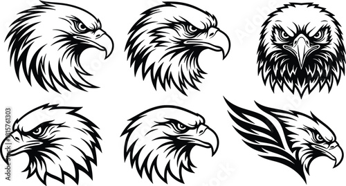 Aggressive Eagle Head Vector Set in Black and White, Featuring Six Detailed, Intense-Looking Bird Mascots with Strong, Determined Expressions