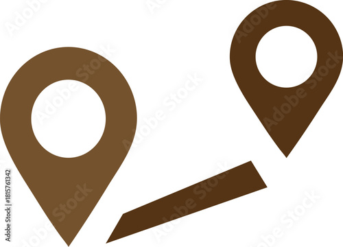 Two brown location pins connected by a line on white background