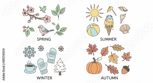 A charming collection of colorful, hand-drawn vector icons representing the yearly cycle of spring, summer, autumn, and winter with associated symbols