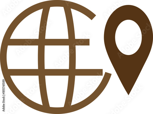 Brown globe with location pin icon for travel and navigation