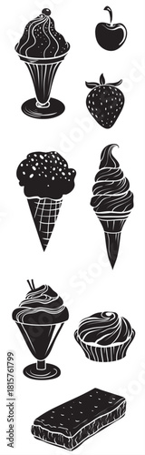 Black and white set of ice cream dessert bowls with delicious vanilla chocolate strawberry flavors