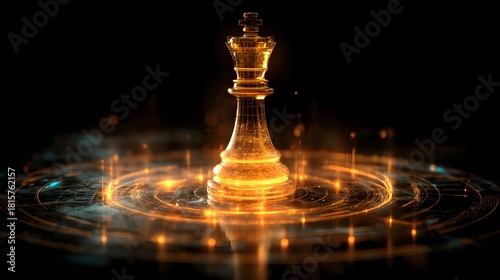 Illuminated golden chess king piece stands on a futuristic glowing platform