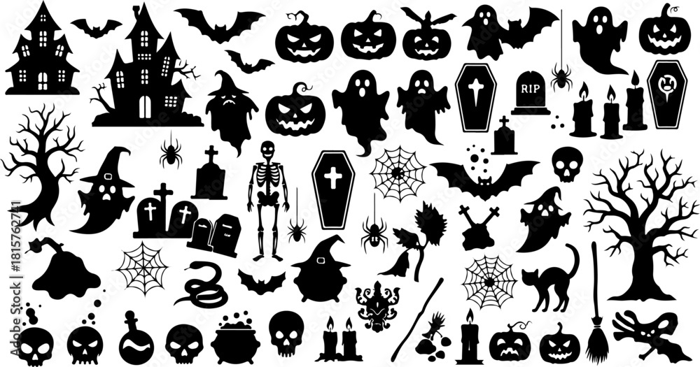 Fototapeta premium Halloween Silhouette Bundle | Spooky Clipart Set | Witch Ghost Pumpkin SVG Collection