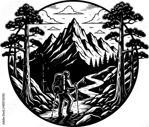 Mountain Hiker Silhouette | Adventure Hiking SVG | Wilderness Explorer Vector Design