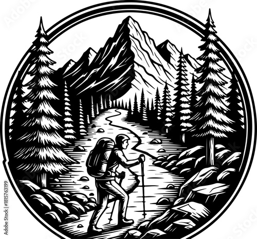 Mountain Hiker Silhouette | Adventure Hiking SVG | Wilderness Explorer Vector Design