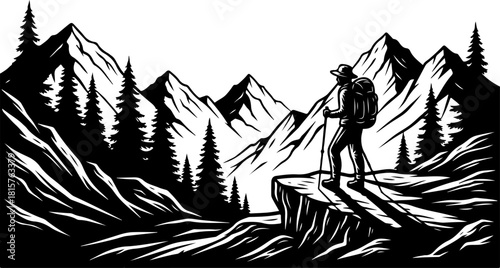 Mountain Hiker Silhouette | Adventure Hiking SVG | Wilderness Explorer Vector Design
