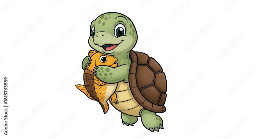 Fototapeta premium Cartoon Turtle Holding a Fish with a Happy Expression.