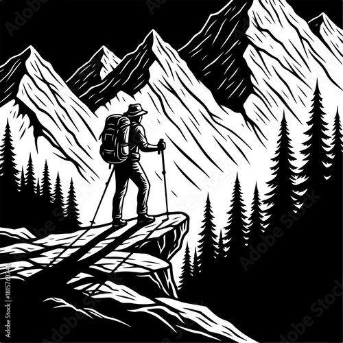 Mountain Hiker Silhouette | Adventure Hiking SVG | Wilderness Explorer Vector Design