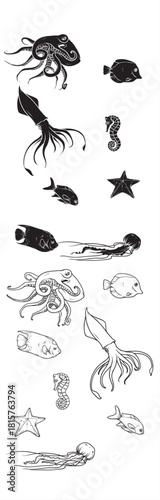 Hand-drawn vector set of fish and splashes for animal tattoo illustration design