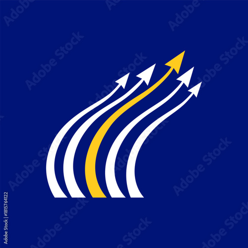 A modern abstract growth and success concept illustration featuring multiple white and gold upward arrows on a deep blue background, symbolizing progress, leadership, direction, and positive momentum