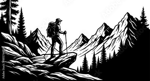 Mountain Hiker Silhouette | Adventure Hiking SVG | Wilderness Explorer Vector Design