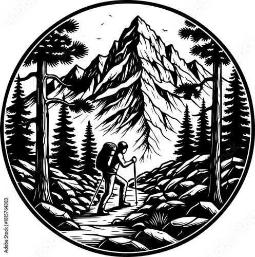 Mountain Hiker Silhouette | Adventure Hiking SVG | Wilderness Explorer Vector Design