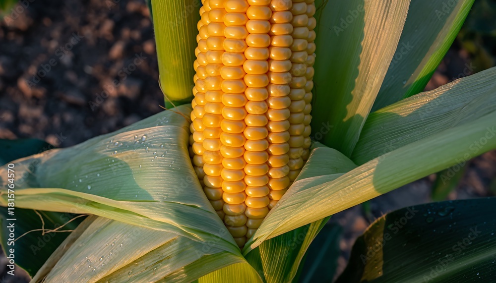 Fototapeta premium Macro shot of young corn partially exposed from its husk, showcasing vibrant yellow kernels and fresh natural texture.