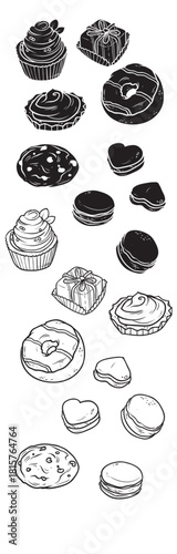 Abstract vector background illustration of a spiral with a delicious collection of baked brown chocolate sweet pastry snacks