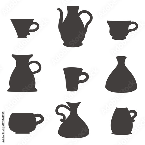 Vector illustration set of ceramic coffee cups, mugs, and pots with milk pitchers for a hot cafe breakfast beverage design