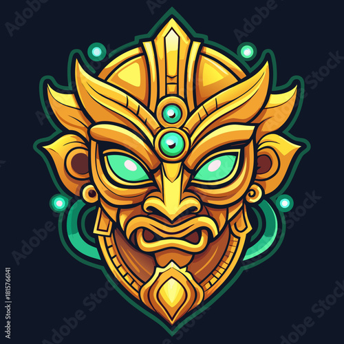 Golden tribal mask with emerald eyes and ornate details