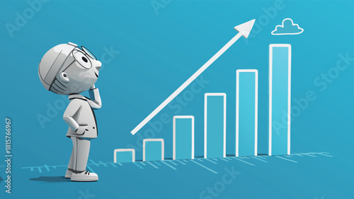 Business Strategy and Growth Analysis Illustration - Thinking Character and Upward Bar Chart