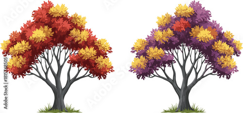 Beautiful Abstract Vector Illustration of Two Autumn Season Trees with Vibrant Red, Yellow, and Purple Foliage for Nature, Park, and Landscape Design.