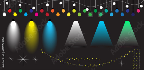 Colorful Decorative Hanging Lights & Spotlights Set – Festive String Lights, Bulbs, and Glow Effects Illustration